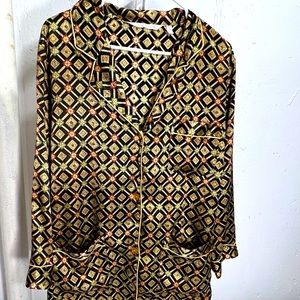 Victoria’s Secret Satin Pajama Long Sleeve Top Geometric Gold and Black Size S